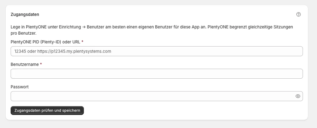 Die Zugangsdaten-Maske unter Einstellungen, PlentyONE